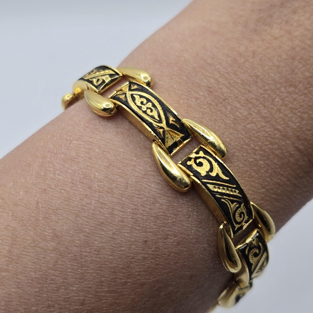 Vintage Spanish Damascene Link Bracelet - Black & Gold with Safety Chain - Picture 3 of 12